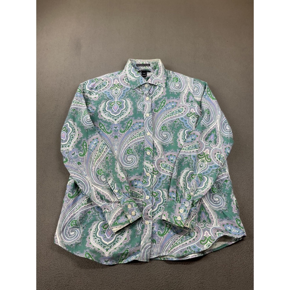 Lands' End Shirt Womens M Green Paisley Flannel Button-Up Collared Long Sleeve